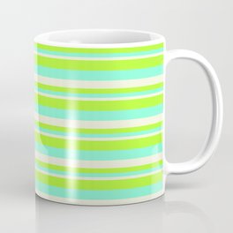 [ Thumbnail: Light Green, Aquamarine & Beige Colored Lines/Stripes Pattern Coffee Mug ]