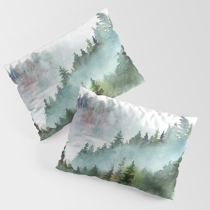 Watercolor Pine Forest Mountains in the Fog Pillow Sham