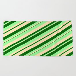 [ Thumbnail: Dark Green, Green, and Beige Colored Stripes Pattern Beach Towel ]