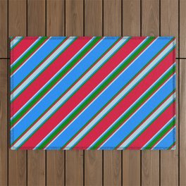 [ Thumbnail: Crimson, Powder Blue, Blue & Green Colored Pattern of Stripes Outdoor Rug ]