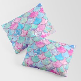 Colorful Pink and Blue Watercolor Trendy Glitter Mermaid Scales  Pillow Sham