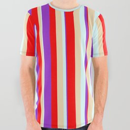 [ Thumbnail: Red, Dark Orchid, Light Cyan, and Tan Colored Stripes Pattern All Over Graphic Tee ]