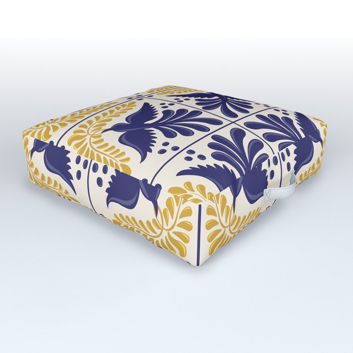 Mexican Talavera Pattern with Flying Blue Birds and Yellow Garlands by Akbaly Outdoor Floor Cushion
