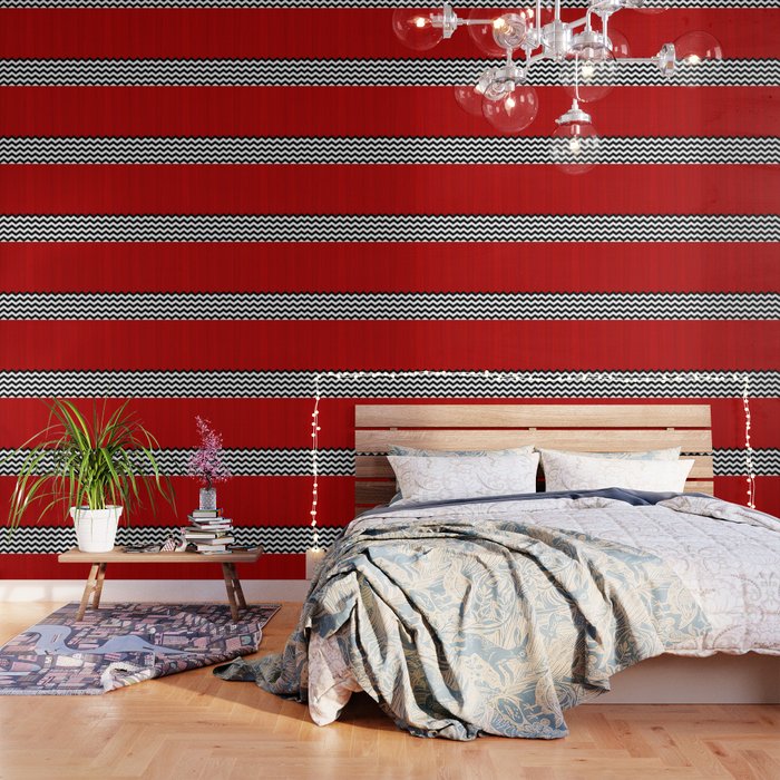 Red Black White Chevron Room w/ Curtains Wallpaper