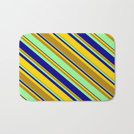 [ Thumbnail: Yellow, Dark Goldenrod, Green & Dark Blue Colored Lined/Striped Pattern Bath Mat ]