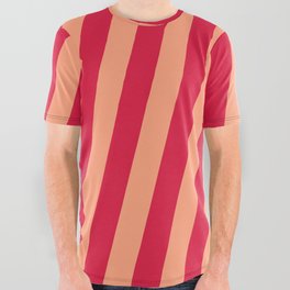 [ Thumbnail: Crimson and Light Salmon Colored Lines Pattern All Over Graphic Tee ]