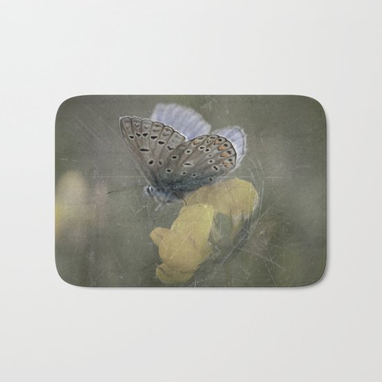 Blue butterfly on blossom Vintage Photography Bath Mat