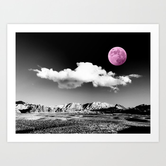 Black Desert Sky & Fuchsia Moon // Red Rock Canyon Las Vegas Mojave Lune Celestial Mountain Range Art Print