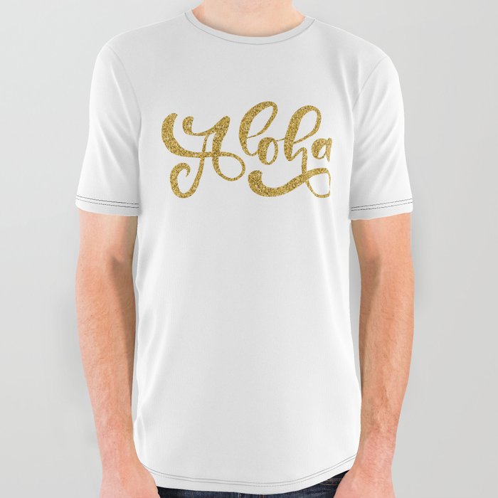 Hawaiian symbol / Aloha hand lettering / Gold glitter on white All Over Graphic Tee