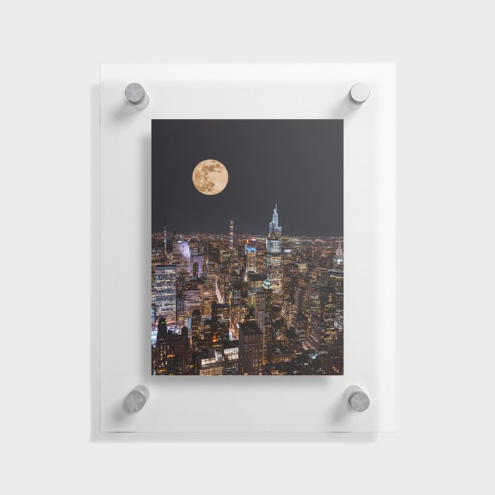 New York City Full Moon | NYC Skyline at Night | Photography and Collage Floating Acrylic Print