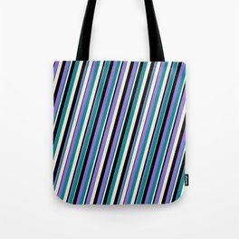 [ Thumbnail: Purple, Dark Cyan, Beige & Black Colored Striped Pattern Tote Bag ]