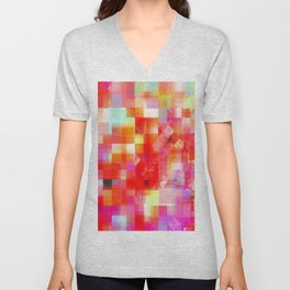 geometric pixel square pattern abstract background in red pink blue V Neck T Shirt