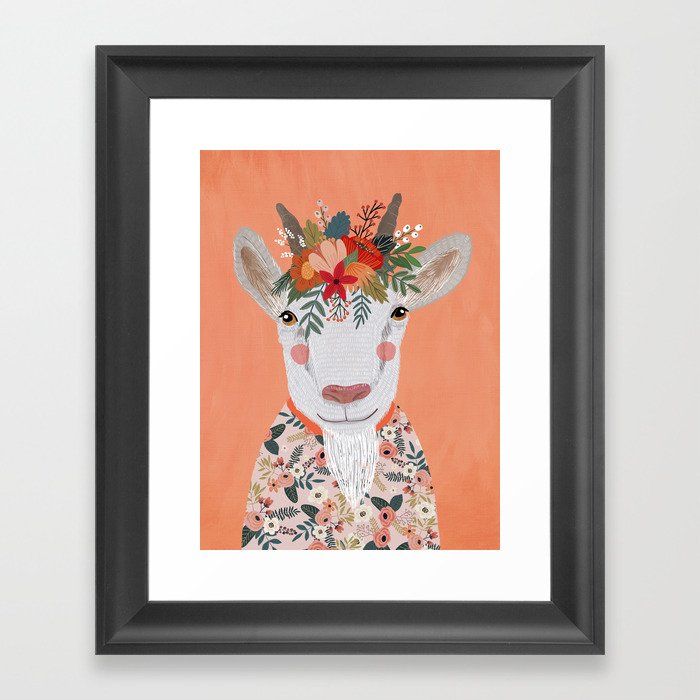 Goat with Floral Crown Framed Art Print