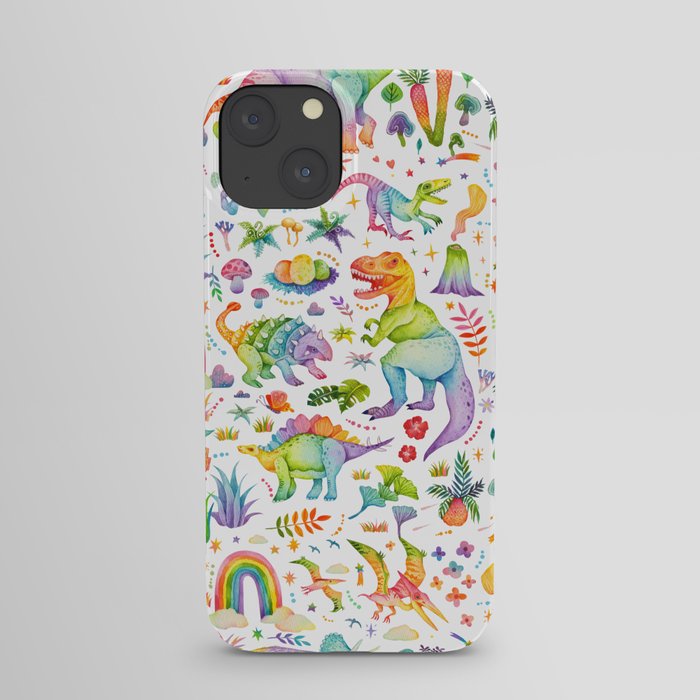 Rainbow color Cheerful Dinosaurus World - whitebg iPhone Case
