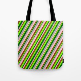 [ Thumbnail: Vibrant Dark Grey, Pink, Brown, Green & Dark Green Colored Lined Pattern Tote Bag ]