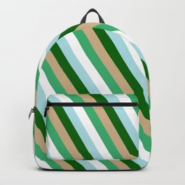 [ Thumbnail: Eye-catching Tan, Sea Green, White, Powder Blue, and Dark Green Colored Pattern of Stripes Backpack ]