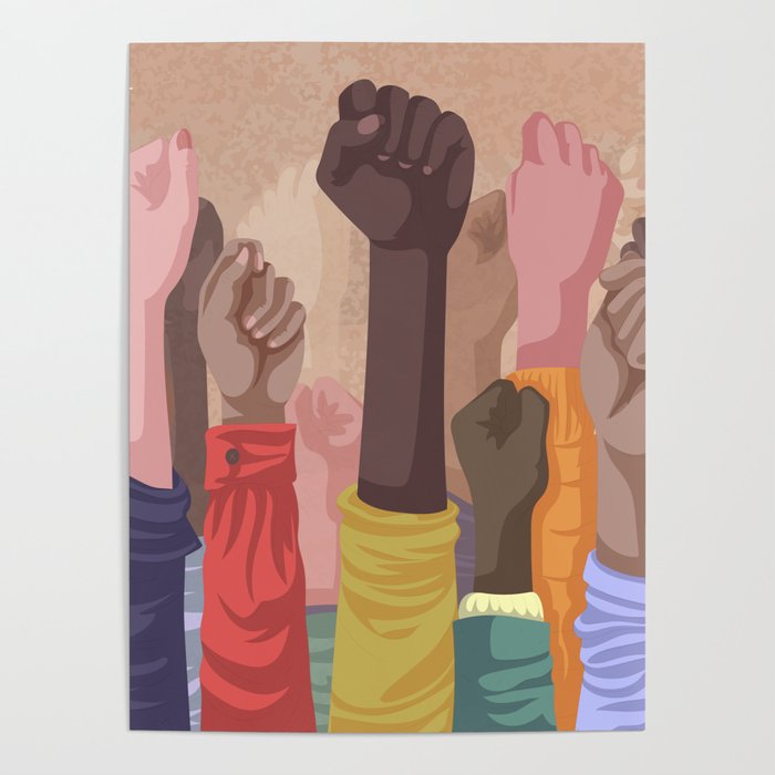 Fist hands up of different types of skins, multiracial raised fists concept art print Poster