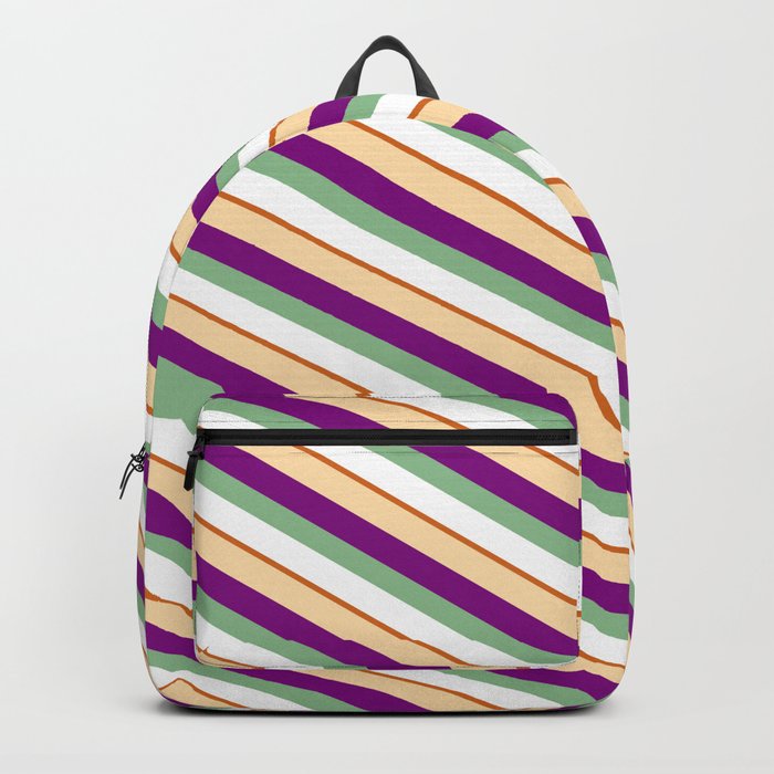 Colorful Tan, Purple, Dark Sea Green, White, and Chocolate Colored Lines/Stripes Pattern Backpack