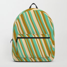[ Thumbnail: Tan, Aquamarine & Dark Goldenrod Colored Striped/Lined Pattern Backpack ]