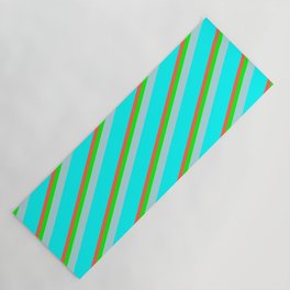 [ Thumbnail: Red, Lime, Powder Blue & Cyan Colored Lined/Striped Pattern Yoga Mat ]