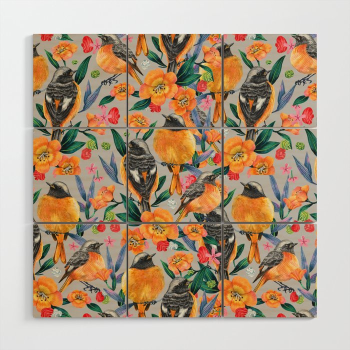 Orange Birds Florals - GREY Wood Wall Art