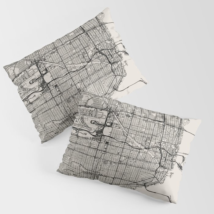 USA, Miami - City Map - Black and White Aesthetic Pillow Sham