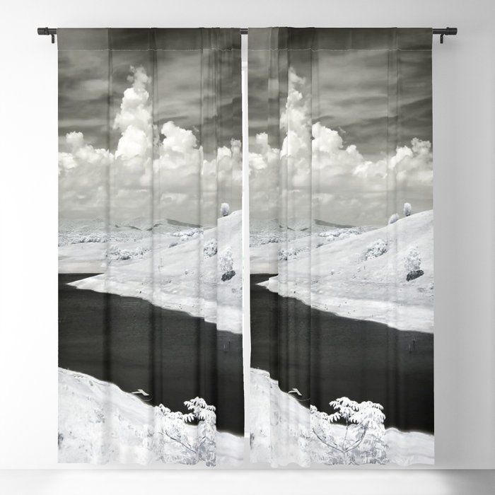 Pastoral River and Snow Black and White Photographic Art Print Blackout Curtain