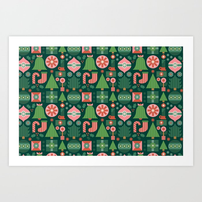 Gifts of Christmas Pattern - Green & Pink Art Print