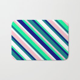 [ Thumbnail: Vibrant Pink, Green, Blue, Teal, and White Colored Striped/Lined Pattern Bath Mat ]