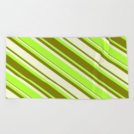 [ Thumbnail: Beige, Light Green & Green Colored Striped/Lined Pattern Beach Towel ]