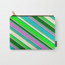 [ Thumbnail: Vibrant Dark Turquoise, Lime, Orchid, Light Yellow, and Dark Green Colored Stripes Pattern Carry-All Pouch ]