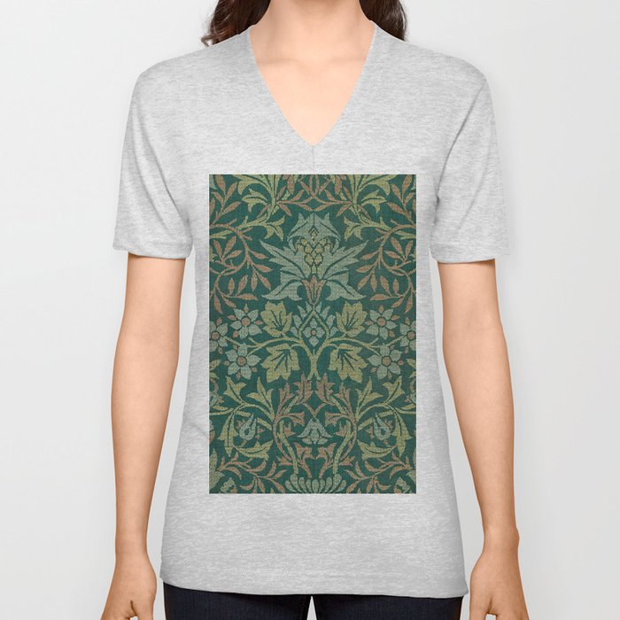 Vintage William Morris Green Floral Leaves Botanical Garden Pattern V Neck T Shirt
