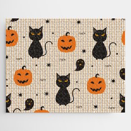 Halloween seamless pattern with black cat and ghost pumpkin Hand drawn cartoon background in childrens style, vintage illustration Jigsaw Puzzle