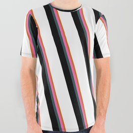 [ Thumbnail: Eye-catching Chocolate, Hot Pink, Dark Slate Gray, Black & White Colored Lined Pattern All Over Graphic Tee ]
