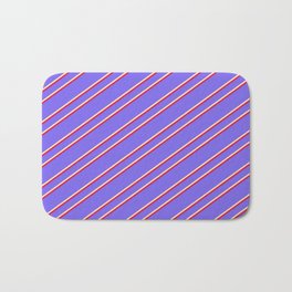 [ Thumbnail: Medium Slate Blue, Beige, and Crimson Colored Stripes Pattern Bath Mat ]