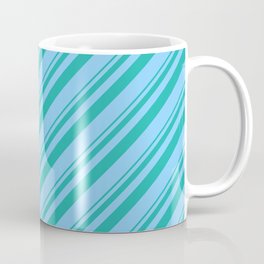 [ Thumbnail: Light Sea Green & Light Sky Blue Colored Striped Pattern Coffee Mug ]