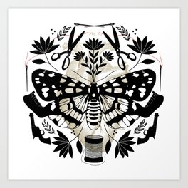 Sew Over It White background / Moth, Needle, Tread, Scissors, Bone, Gun, folk art flowers Art Print
