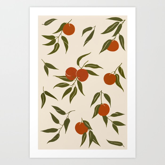 Watercolor painting peach fruit pattern, branch with leaves and fruits Art Print