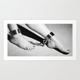 Woman barefoot and legs cuffed with heavy steel cuffs Art Print