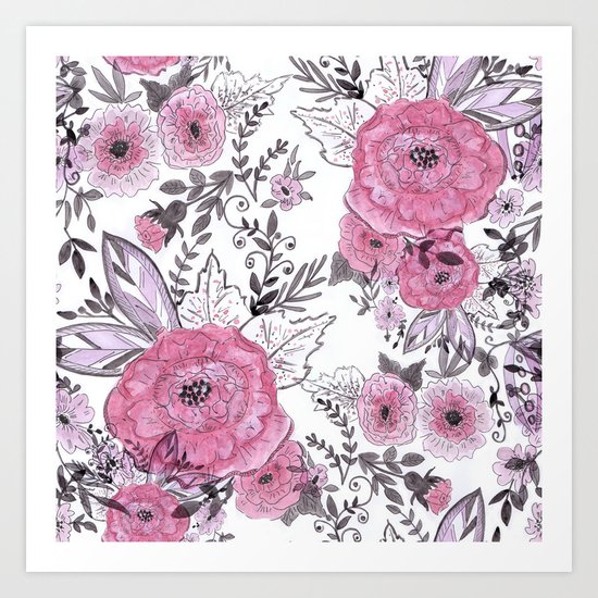 Watercolor roses with black and gray leaves . Art Print
