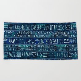 Egyptian hieroglyphs -silver on blue painted texture Beach Towel