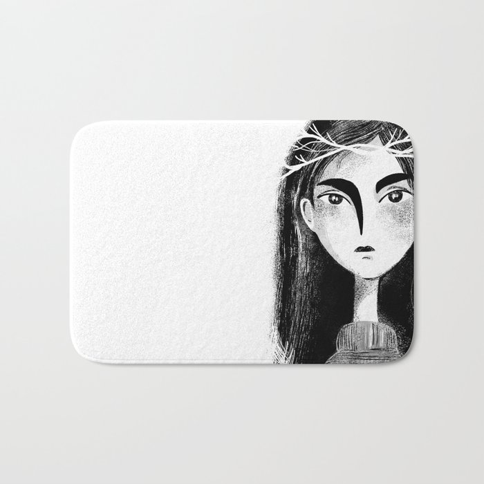 Black and white portrait of a girl with branches in her hair Bath Mat