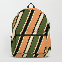 [ Thumbnail: Dark Olive Green, Beige, Brown & Black Colored Pattern of Stripes Backpack ]