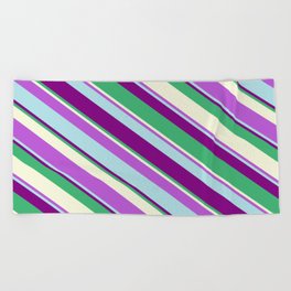 [ Thumbnail: Eye-catching Orchid, Powder Blue, Purple, Sea Green & Beige Colored Stripes/Lines Pattern Beach Towel ]