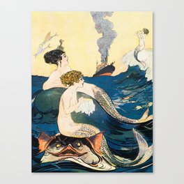 Mermaids, Ocean, Liner, Ship, Sea, Fantasy, Mystical. Vintage. Retro. Illustration.  Canvas Print