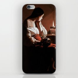 Magdalen with the Smoking Flame female staring at flame with skull of lover in hand portrait painting iPhone Skin
