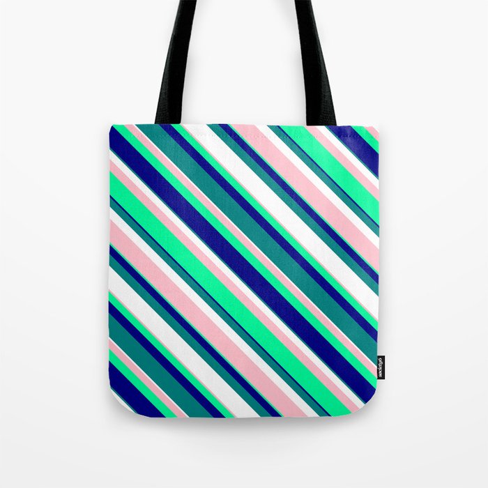 Vibrant Pink, Green, Blue, Teal, and White Colored Striped/Lined Pattern Tote Bag