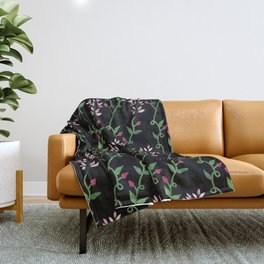 Wonderful Hanging Houseplant Pattern With Pink Flowers On Black Background Throw Blanket