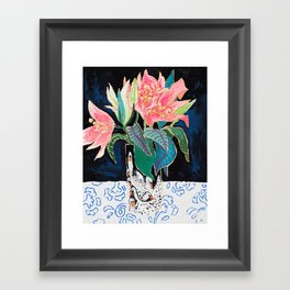 Swan Vase with Pink Lily Flower Bouquet on Dark Blue and Black Winter Floral Framed Art Print
