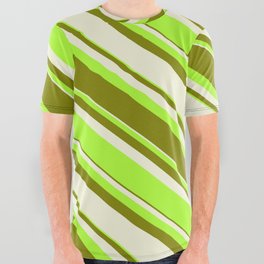 [ Thumbnail: Beige, Light Green & Green Colored Striped/Lined Pattern All Over Graphic Tee ]